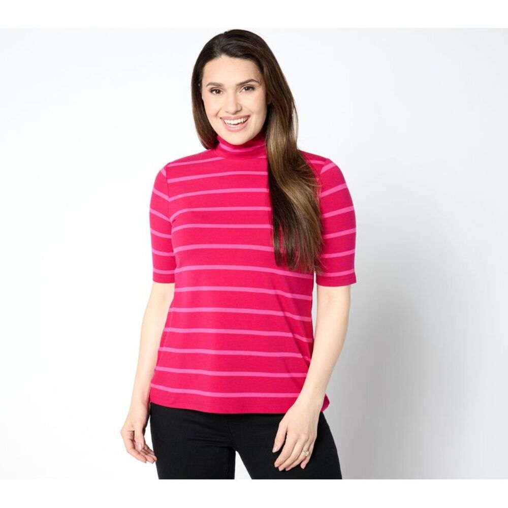 Spartina 449 Women's Top Sz L Elbow Sleeve Yarn Dye Stripe Mock Neck Pink